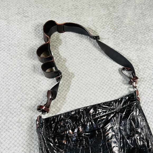 Marni Croc Embossed Black Leather Archival Bag Italy HOBO Brown Shoulder Tote - Picture 6 of 10